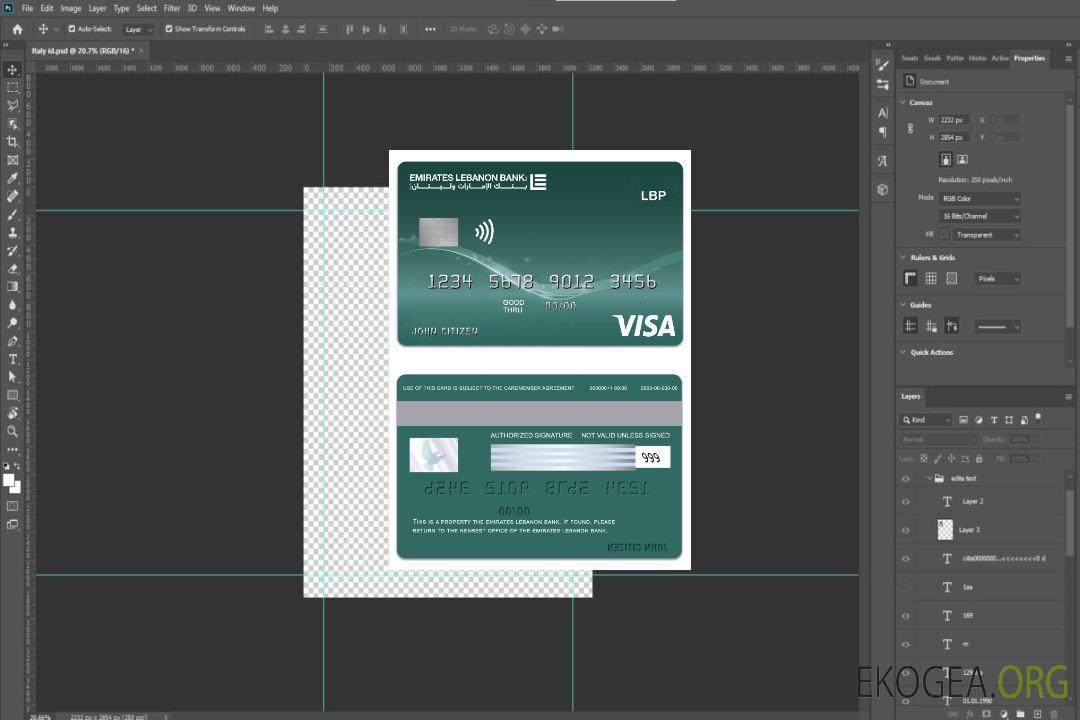 Carte de débit classique visa Lebanon Emirates Lebanon Bank template